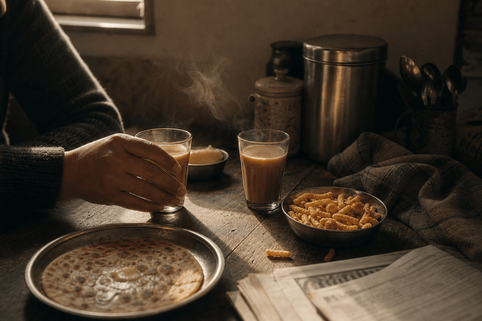 A glass of chai beside a rustic meal on a lived-in SweetCurry table