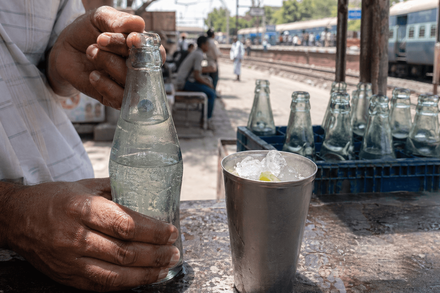Glass marble banta soda bottle sold by roadside vendors in Punjab summers with lemon, ice, and street-stall dust