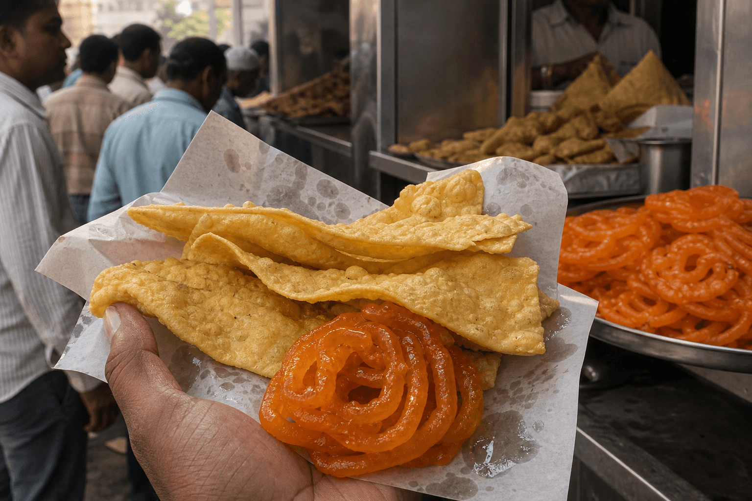 Fresh fafda and sticky jalebi served on oily paper at a Gujarat farsan shop on Sunday morning