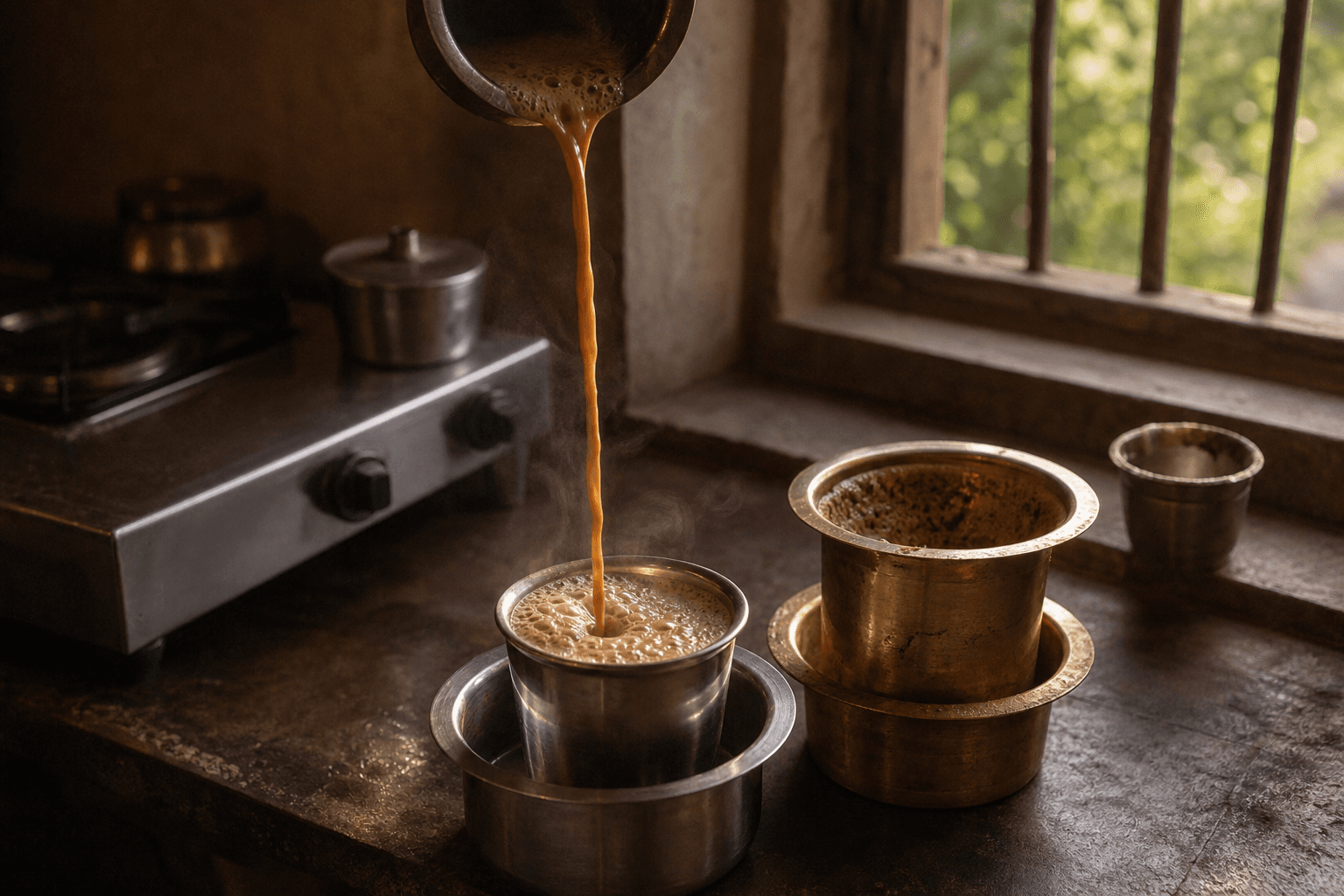 South Indian filter coffee being poured between a tumbler and davara in a quiet morning kitchen.