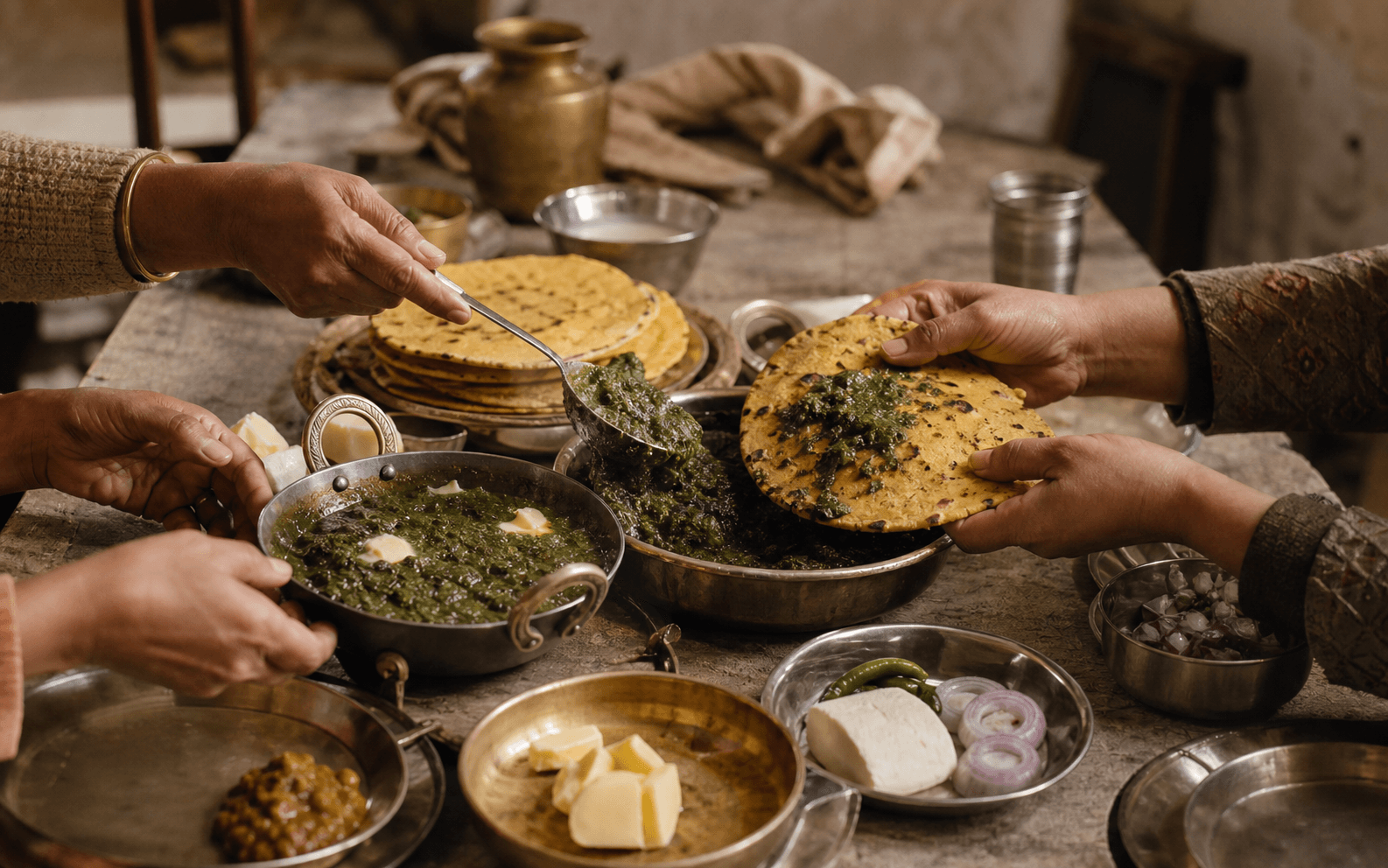 Hands serving rich Punjabi food at a shared table, showing abundance, hospitality, and cultural memory.