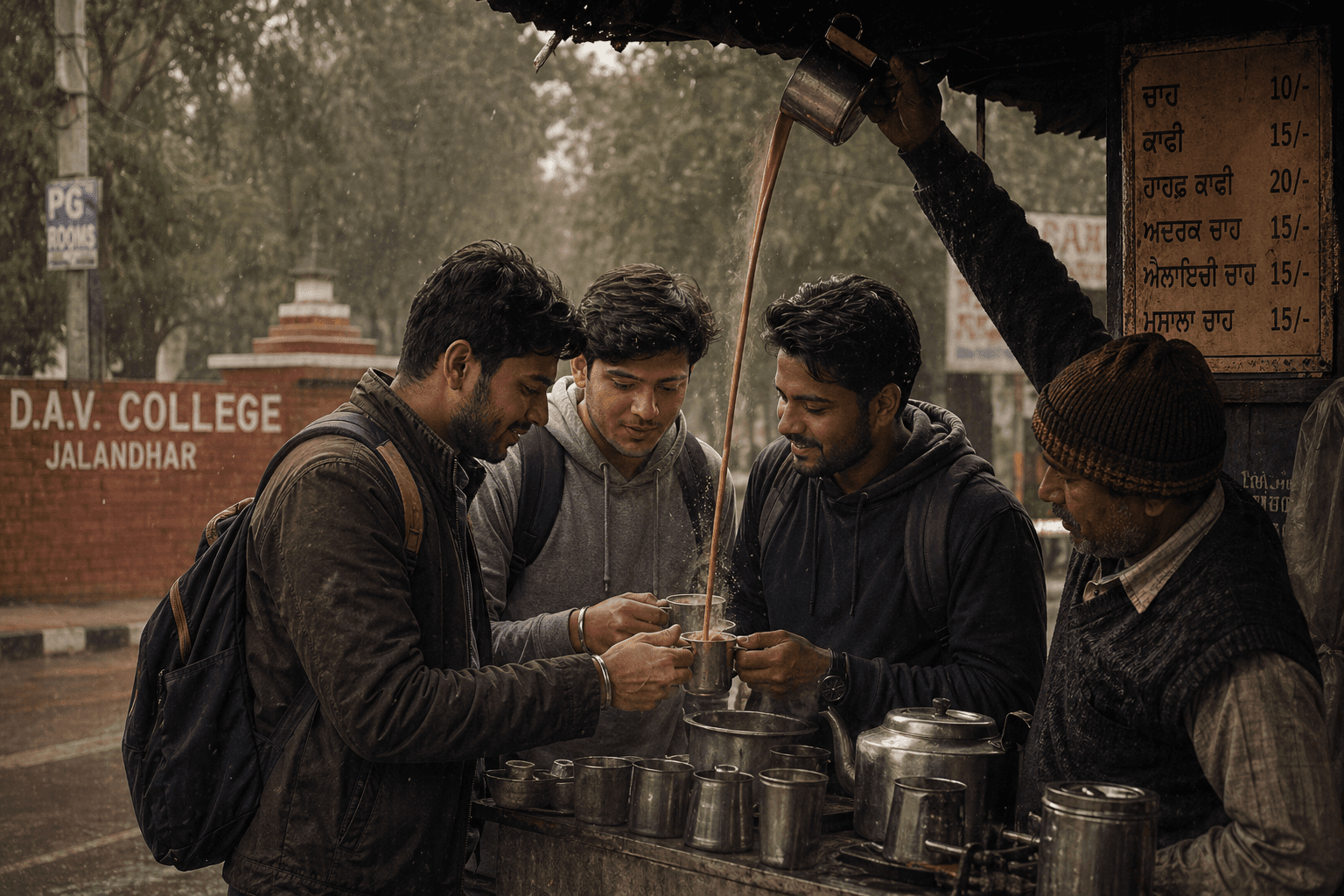 Roadside chai being shared outside DAV College Jalandhar, a Punjab college stall memory of tea, rain, and friendship