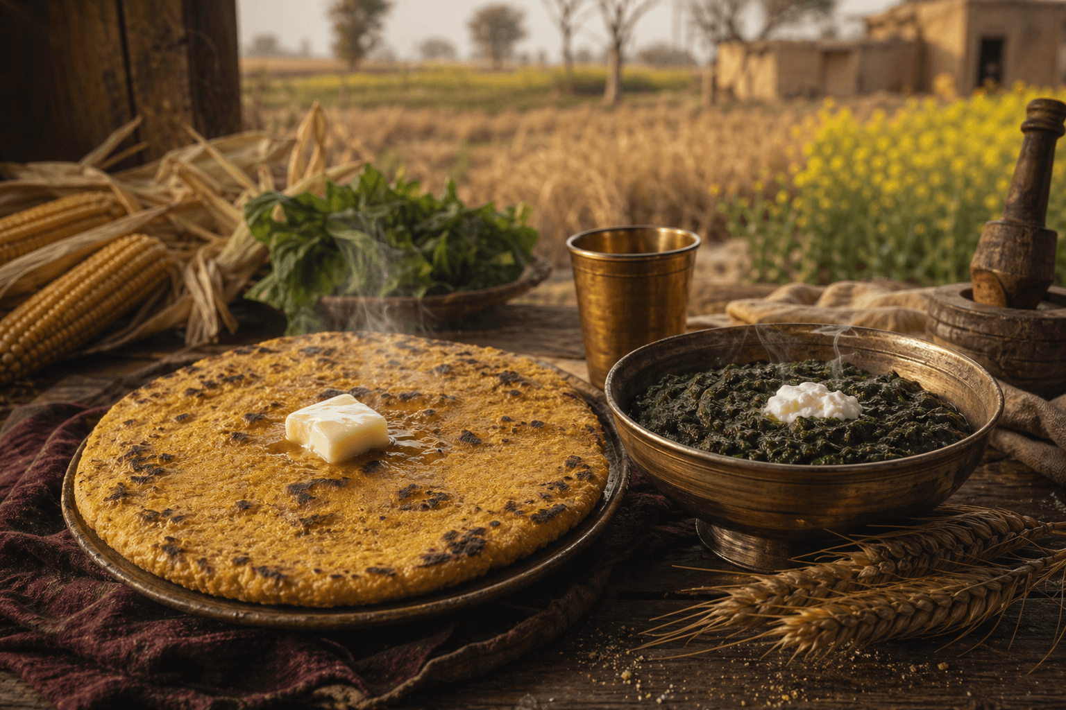 Makki di roti and sarson da saag prepared during Punjab winter season with white butter and warm home-kitchen memory