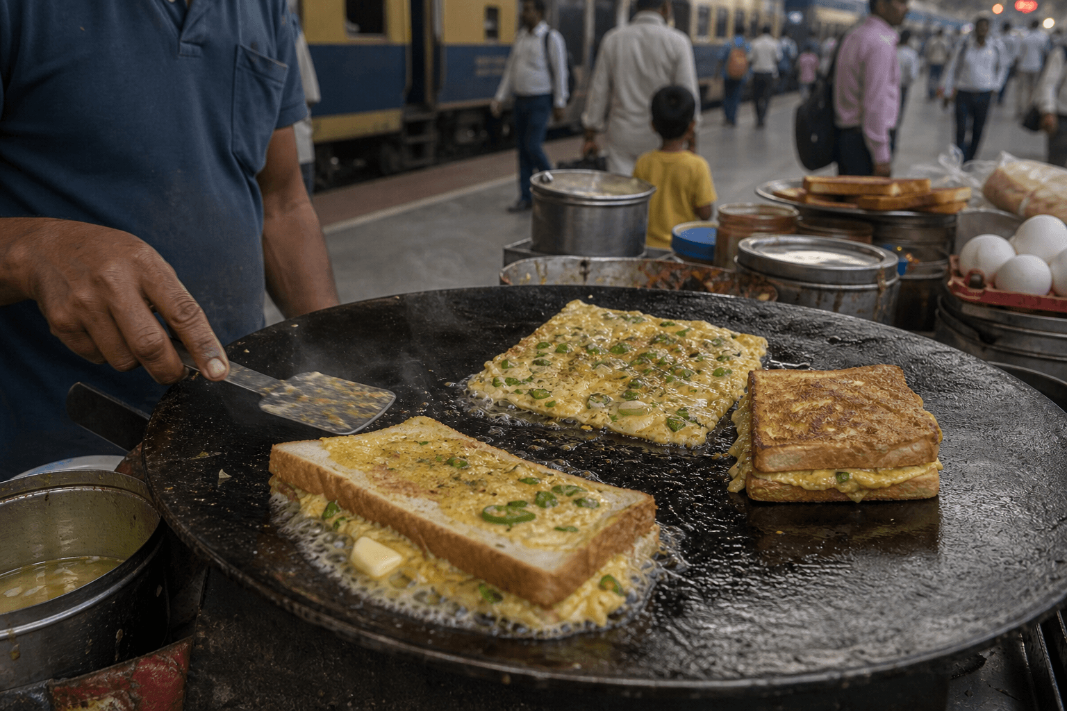 Bread omelette cooking on a black railway platform tawa with butter, green chilli, smoke, and train-station urgency