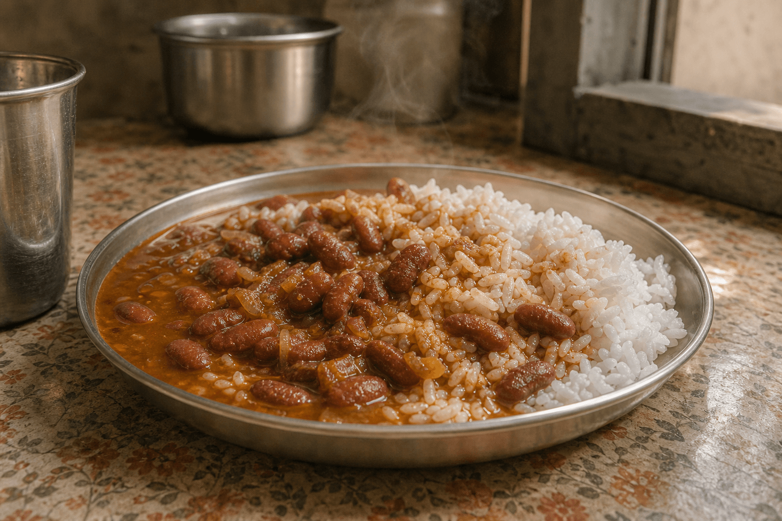 Rajma chawal served in a Punjabi home after rajma traveled into India and became Sunday comfort food