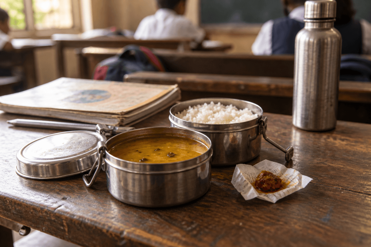 A small two-tier steel tiffin with daal, chawal, and achaar in a nostalgic school lunch setting.