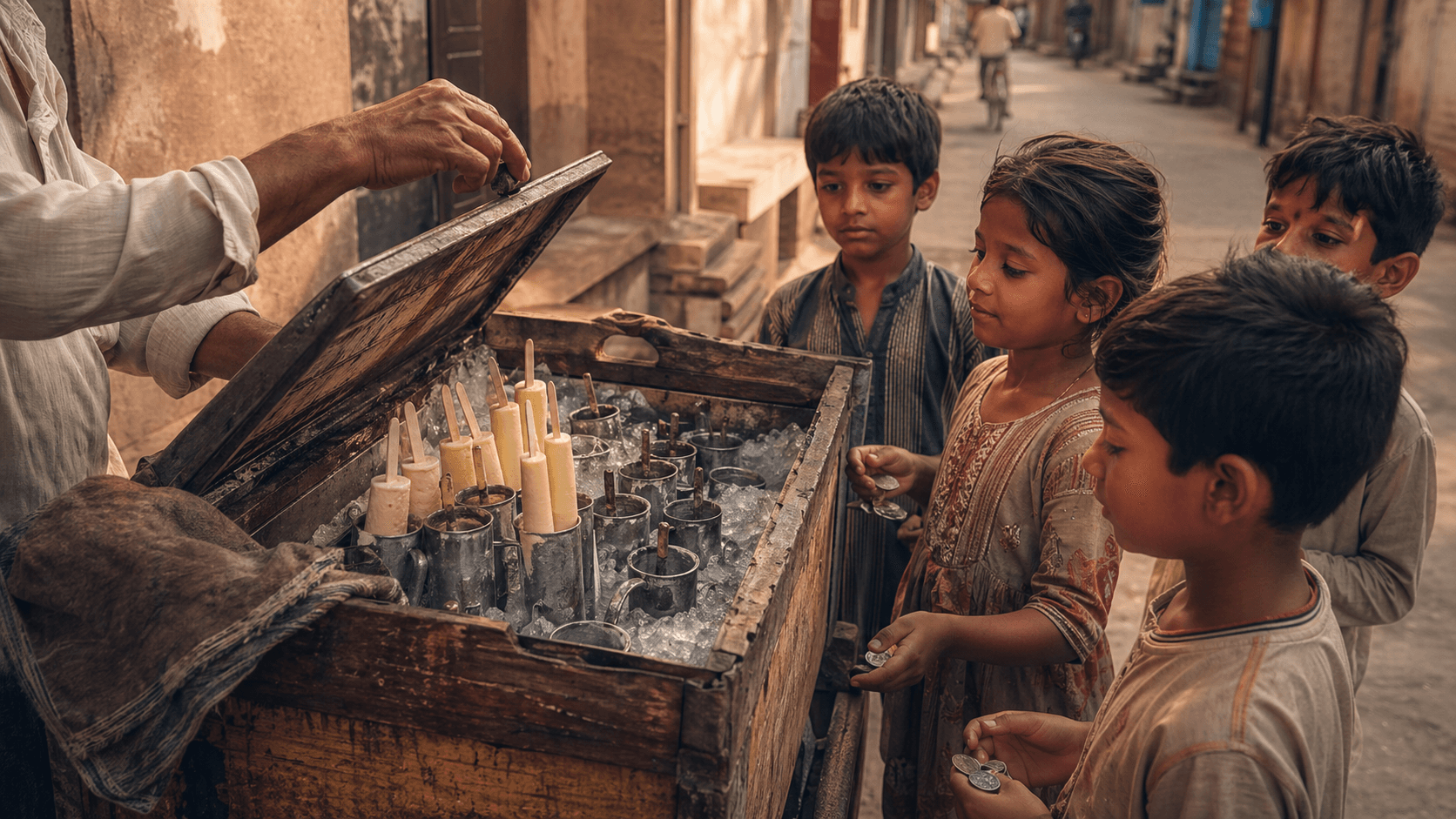 Kulfi vendor walking through old Jalandhar neighborhoods during summer evenings with a wooden cart and ringing bell
